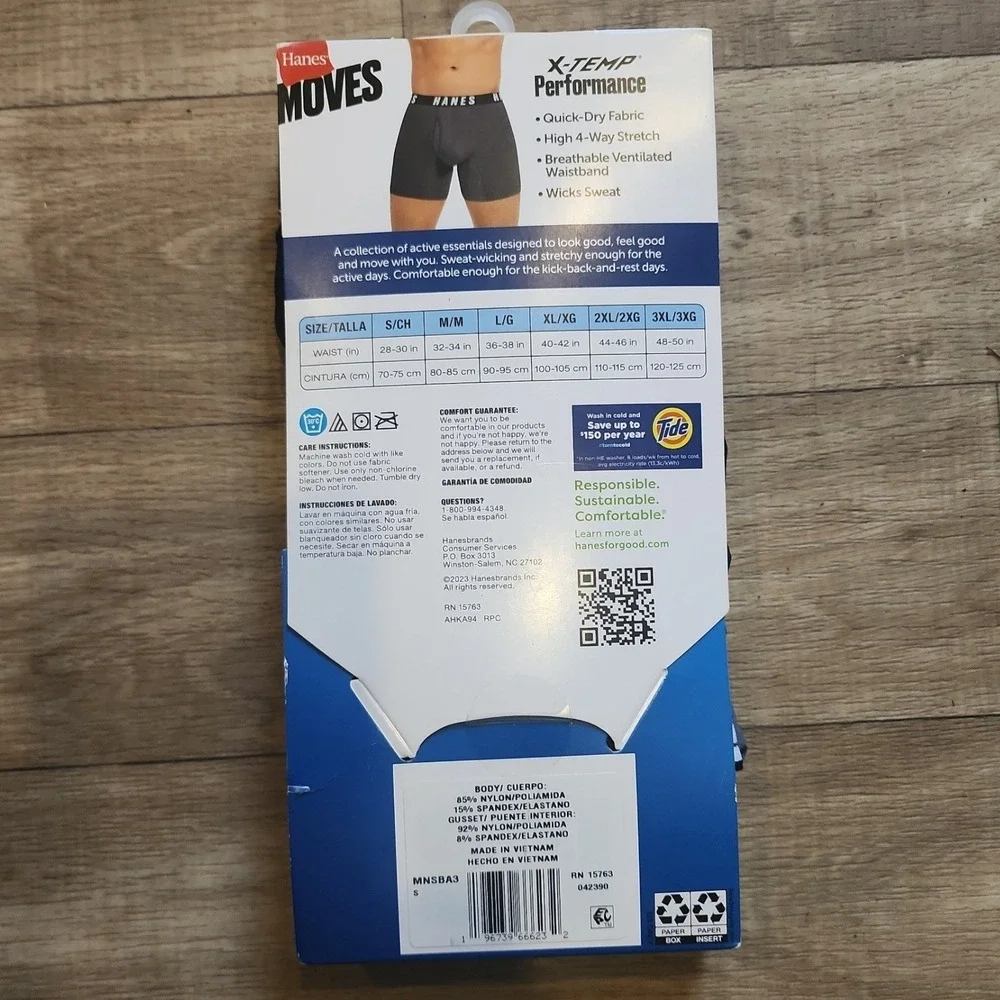 Hanes Moves X-Temp Performance Boxer Briefs 3 Pack Mens Small Black Gray MNSBA3